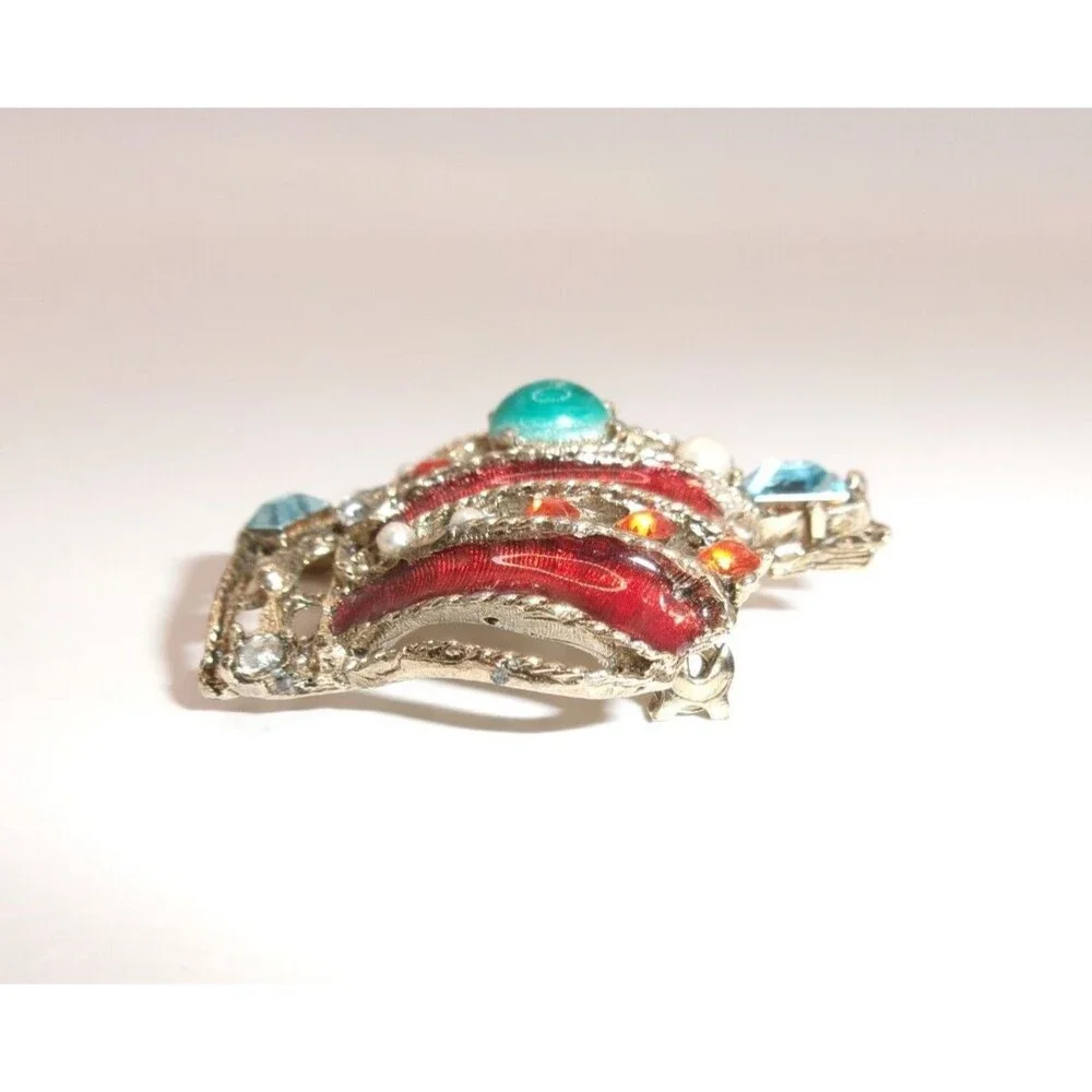 Vintage Royal Queen King Crown Brooch Multi-Color Rhinestone & Enamel Pin Red